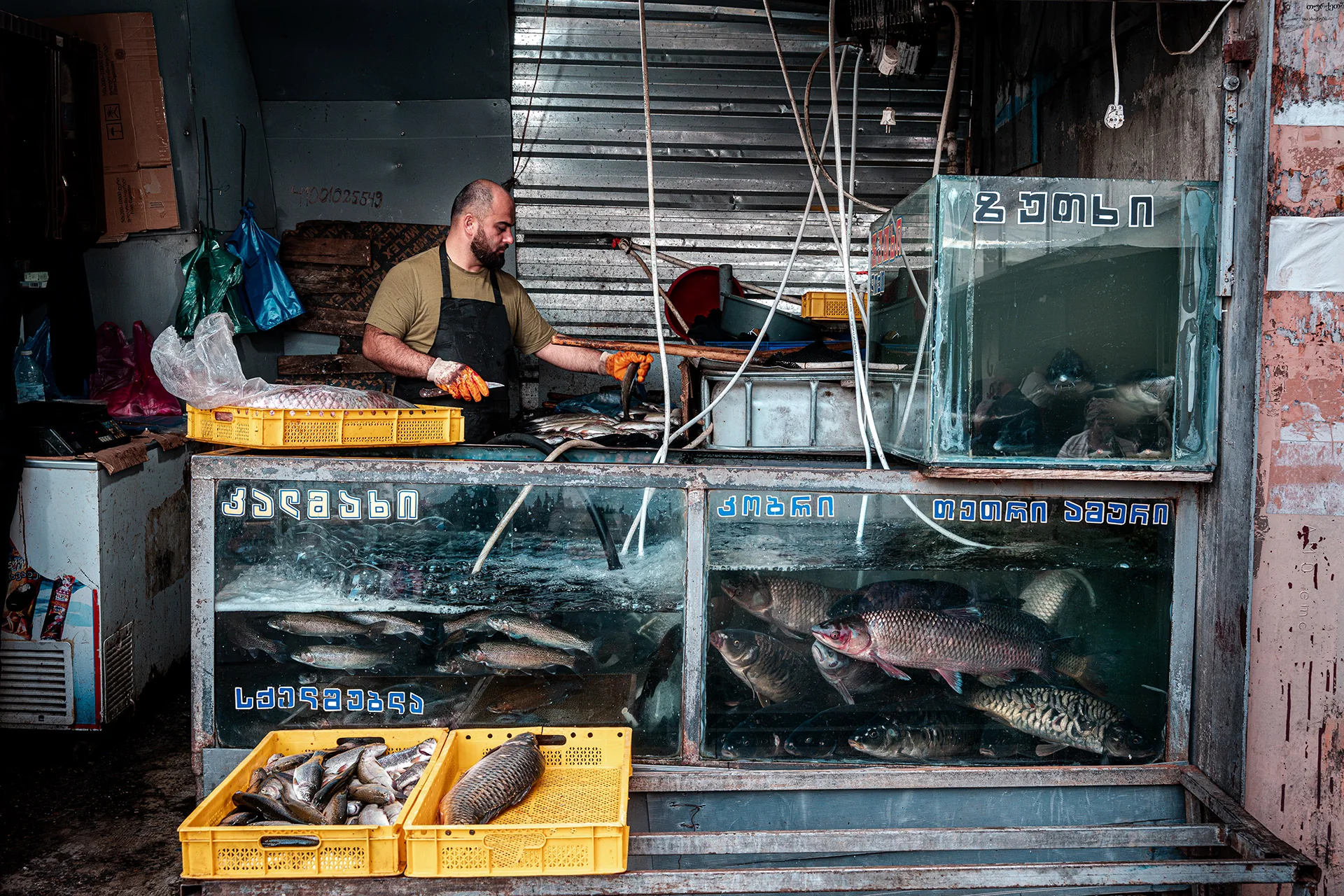 Sprzedawca ryb przy akwariach na Dezerter Bazaar w Tbilisi