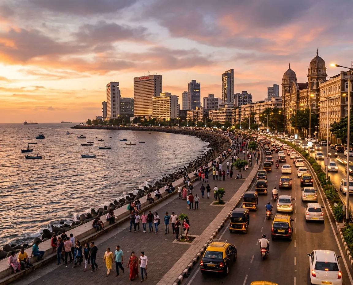 Marine Drive w Mumbaju o zachodzie słońca